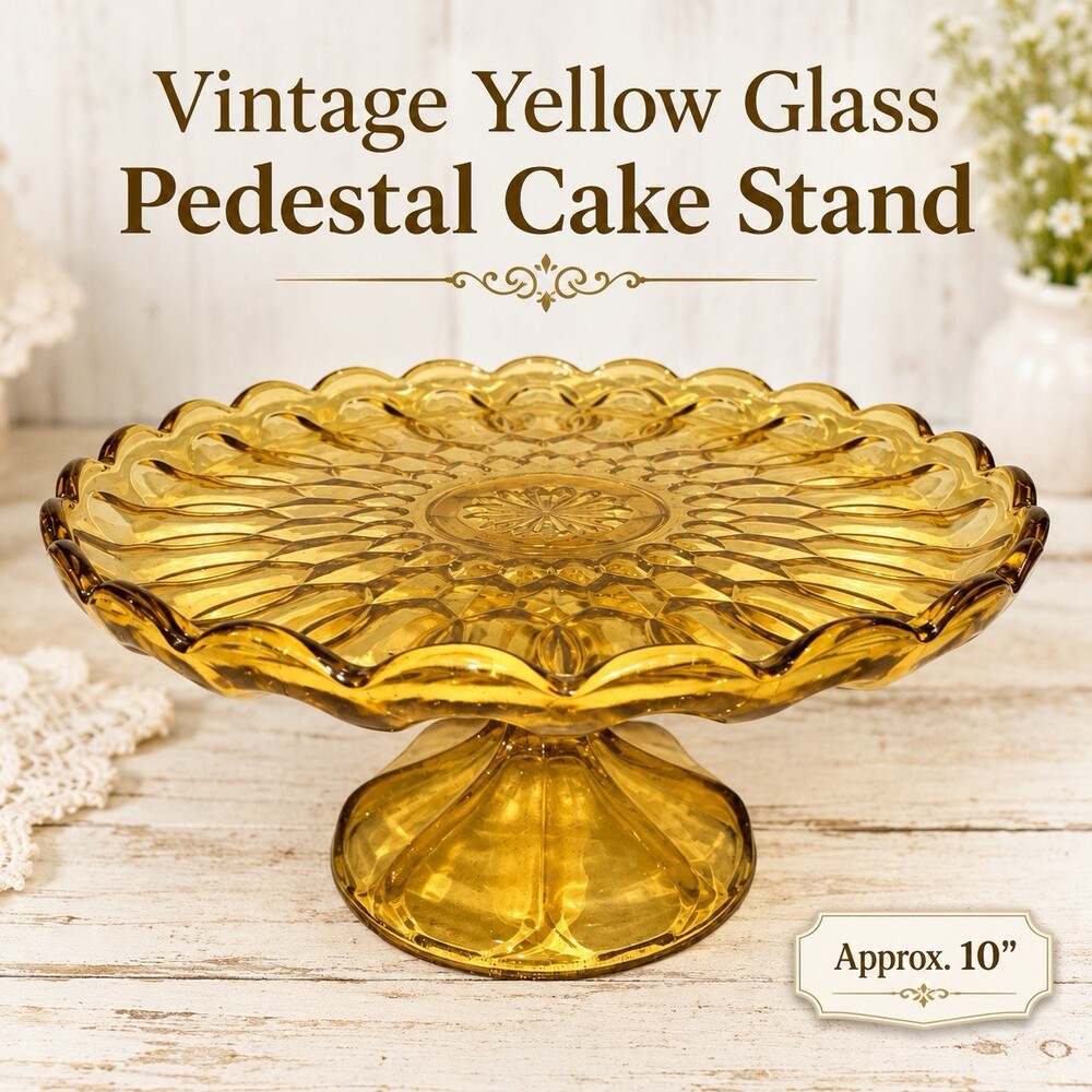 Vintage Yellow Pressed Glass Pedestal Cake Stand Scalloped Edge 10”